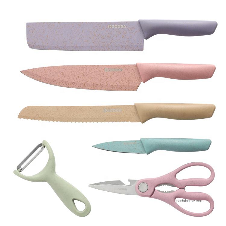 6 Pcs Stainless Steel Plastic Kitchen Knife Set NonStick Coating Blade