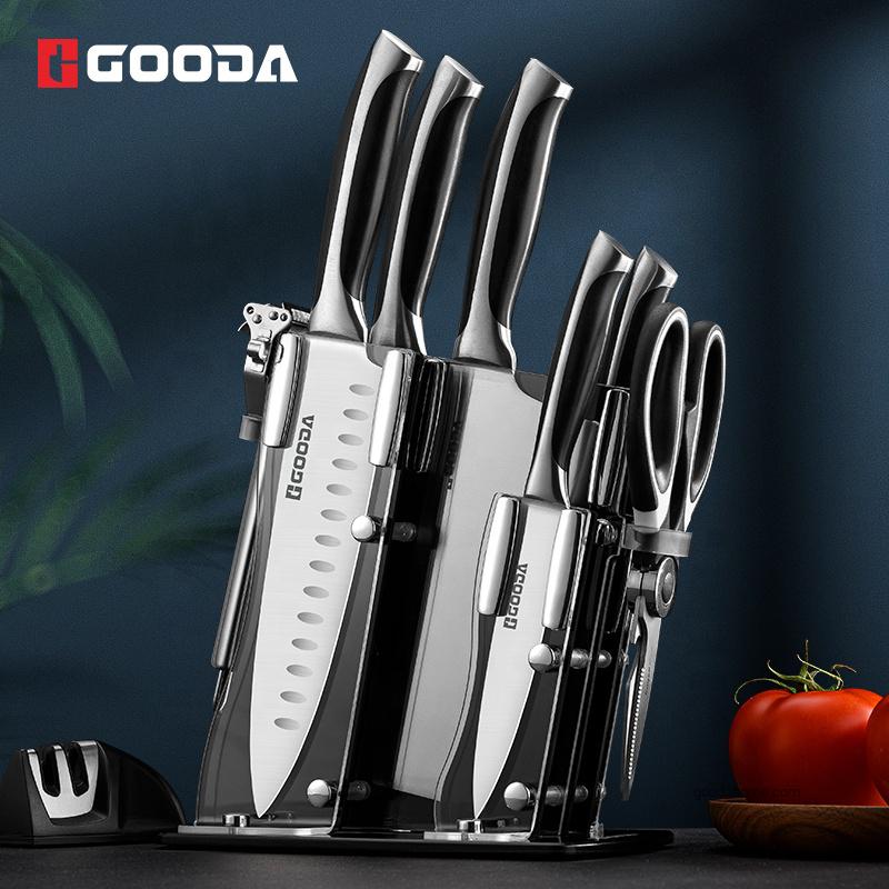 9 Pcs Hot-sale High Carbon Stainless Steel ABS Handle Restaurant Kitchen Knife Set with Sharpener Scissors Holder