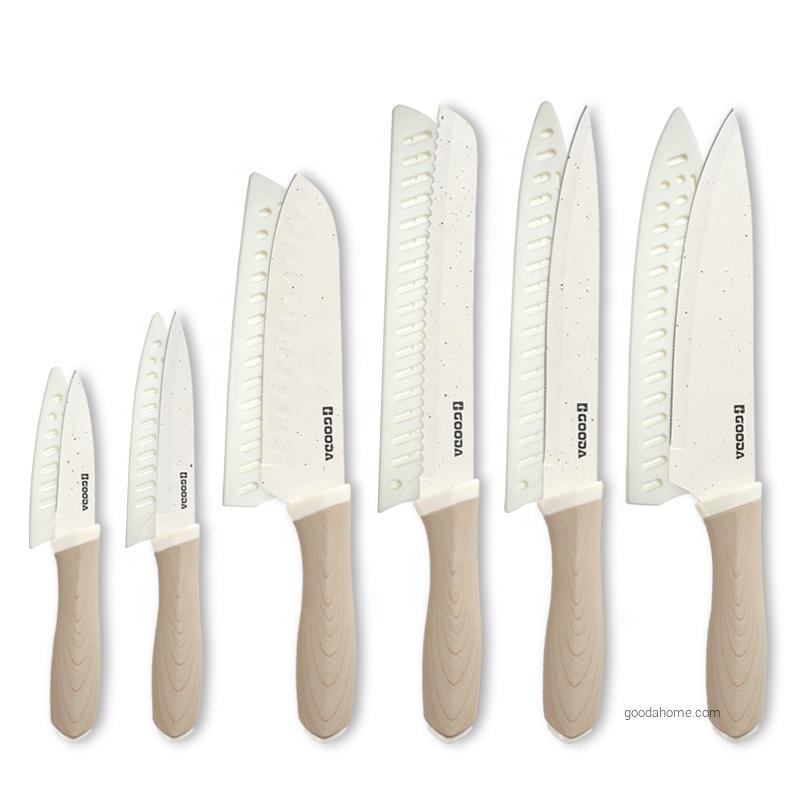 12 Pieces Kitchen Knife Set Stainless Steel Knife Set With Nonstick Creamic Coating with 6 Blade Guards Rustproof White