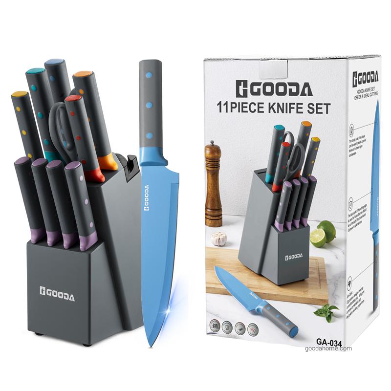 11 Pcs Stainless Steel Colorful Kitchen Knife Set With Wooden Block and Sharpener