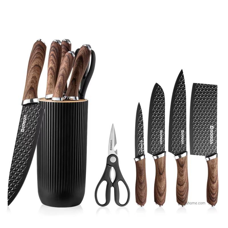 Stainless Steel Nonstick Chef Knife Set with Wood Grain PP Handle 3Cr13 Metal Blade Kitchen Knife with Stand