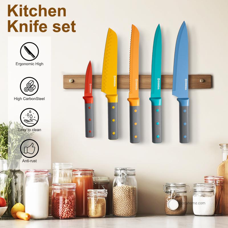 Stainless Steel Culinary Knife Set Colorful Non-stick Coating Blade Non-slip Handle With Knife Sheath