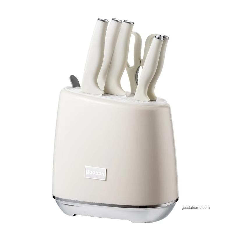 PP Handle 7Piece Stainless Steel Kitchen Chef Knife Set With Block White Juego De Cuchillos