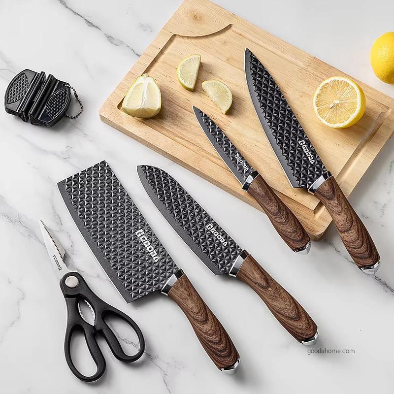 Stainless Steel Kitchen Knives Wood Grain pp Handle Chef Knife Nonstick Kitchen Knife Set