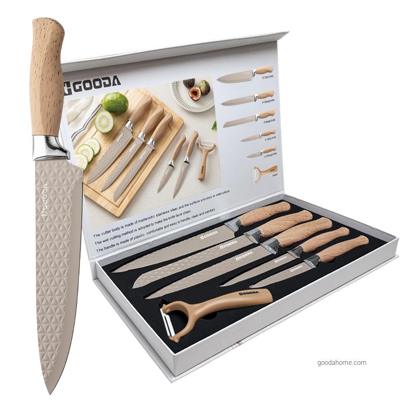 Conjunto De Facas 6 Pieces Professional Stainless Steel Kitchen Knife Set Sharp Non-Stick Wood Grain Handles