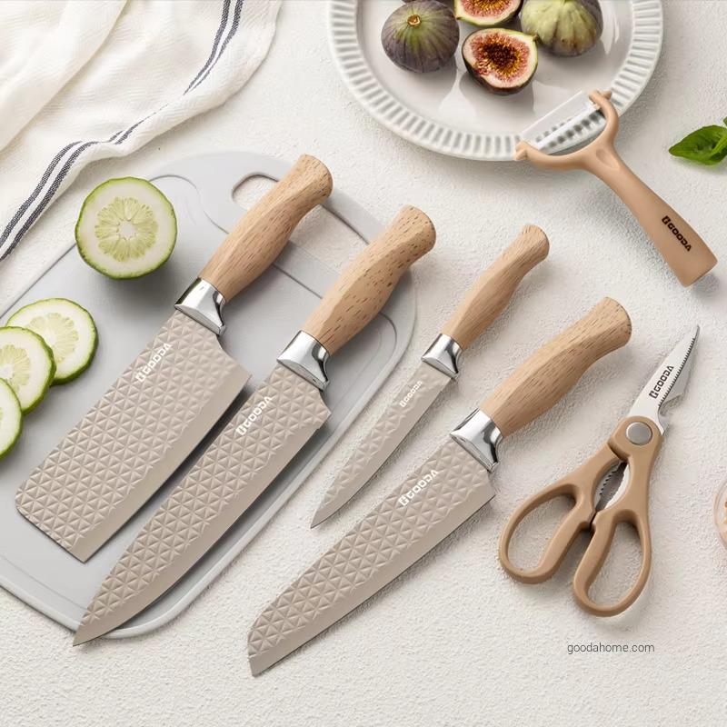 New Release Modern 7 Piece Chef Knives Set Custom Fruit Bread Knife Wholesale Kitchen Knives Set with Cutting Board