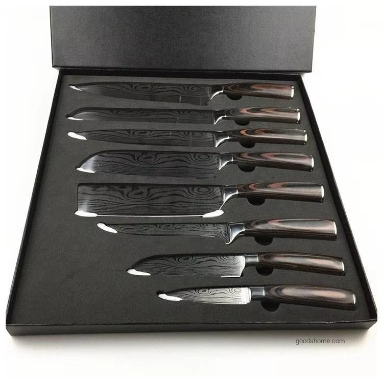 Wholesale Price 9pcs sharp Wooden Stainless Steel Santoku Chef Modern Knives Kitchen Knife Set