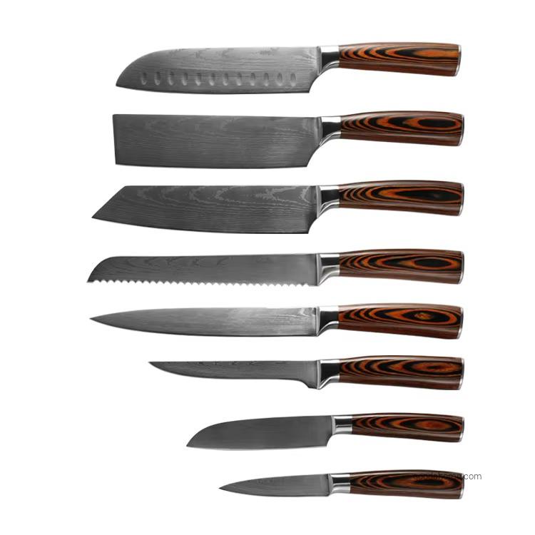 Wholesale Price 8pcs Sharp Japanese Chef Knives Stainless Steel Damascus Santoku Kitchen Knife Set Wooden Handle