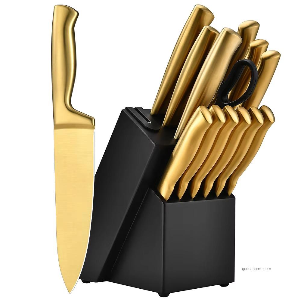 High Quality Kukhonnyye Nozhi Stainless Steel Kitchen Knife Set Gold Chef Kitchen Knife Set Kitchen Knives with Wooden Holder