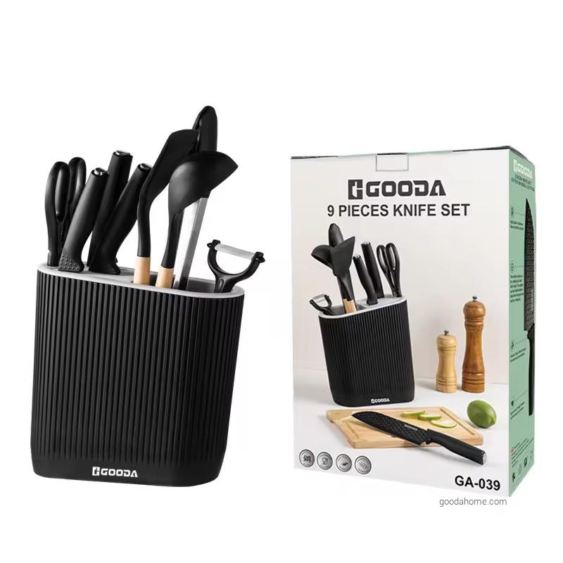9-Piece Kitchen Knife Set with Block, Cooking Utensils & Scissors for Home and Restaurant Use