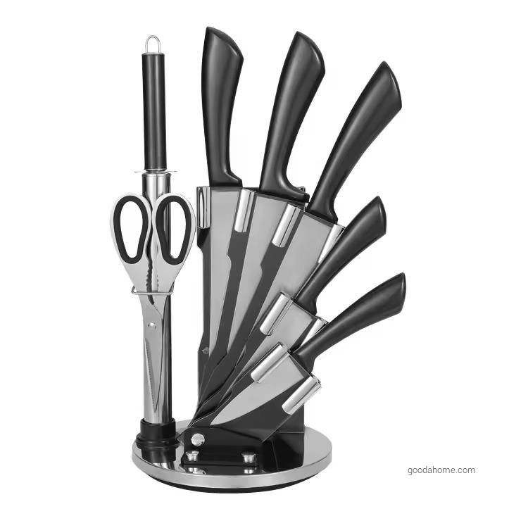 Custom Utility 8 Pcs Stainless Steel Kitchenware Knives with Hollow Handle Kitchen Butcher Chef Fruit Scissors Sharpener Knives