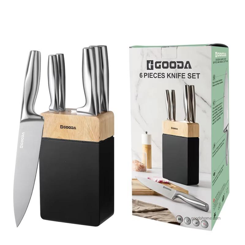 6 Piece Stainless Steel Kitchen Knife Set with Wooden Block/Premium Full-Tang Stainless Steel