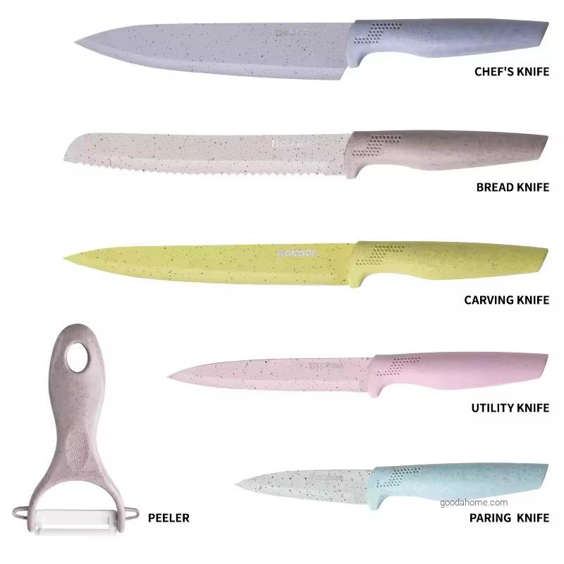 6-Piece Kitchen Knife Set with Stainless Steel Blades 3Cr13 PP Handle Wheat Straw Peeler Cutting Steel Plastic Metal Material
