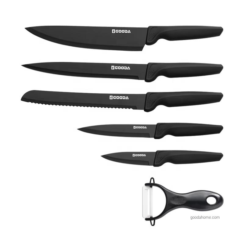 Best Selling 6 Pieces Non Stick Black Coating Knives Set Stainless Steel Blade Kitchen Knife Professional with Gift Box