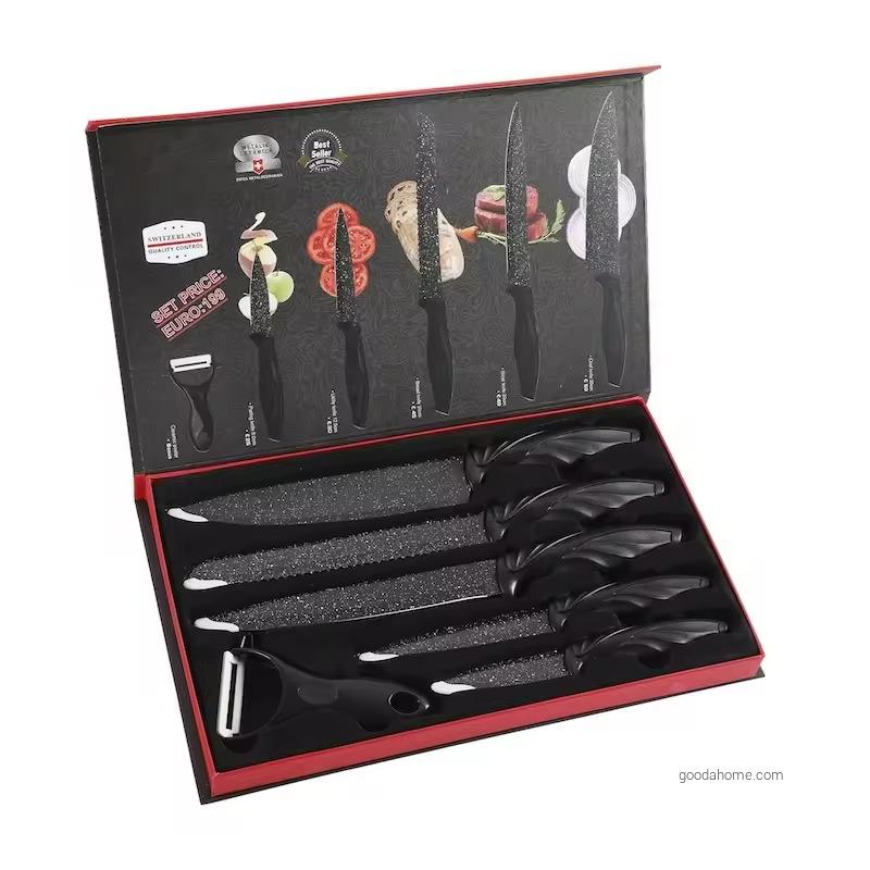 Popular 6pcs Kitchen Knife Set Stainless Steel Black Coating Blade With Non-stick Coating
