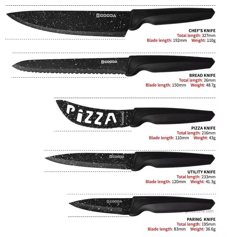 Professional 5 Pcs pp Handle Black Non-stick Coating Stainless Steel Kitchen Knife Set