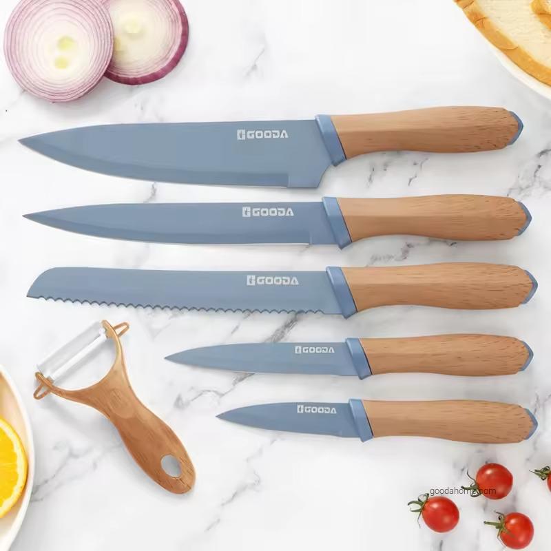 6 Pieces Kitchen Chef Knife Set Non-stick Coating Blade Non-slip Handle Design