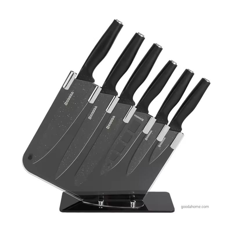Professional 7 Pcs pp Handle Black Non-stick Coating Stainless Steel Kitchen Knife Set with Block